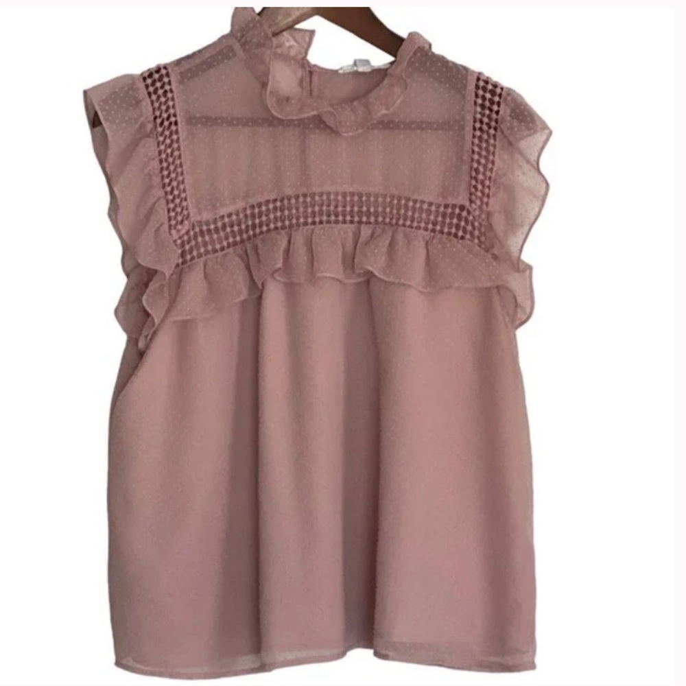 BB Dakota Swiss Dot Blouse Women's Pink Ruffle Sheer Short Sleeve Large